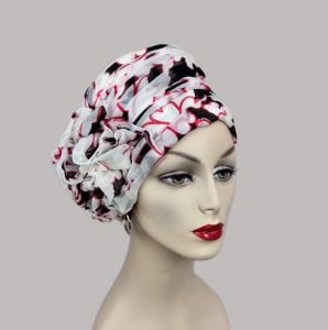 Vintage 80s Deadstock Draped Organza Turban Hat, White, Black and Red, Lane Bryant, Medium