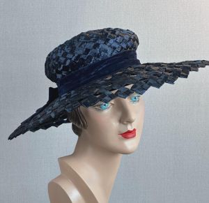 60s Navy Blue Lattice Circle Brim Hat by Mr John, Sz 21