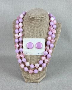 1950s Demi Parure Pink and Lavender Lucite Necklace and Clip On Earrings, Hong Kong, Married Set