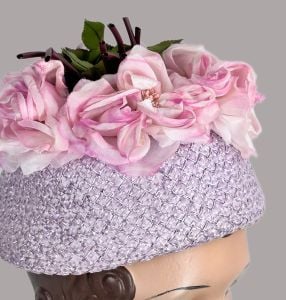 Vintage 60s Lavender Straw Hat with Pink Silk Florals and Greenery by Evelyn Varon - Fashionconservatory.com