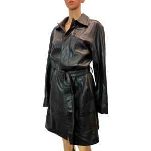 Y2K Black Leather Trench Coat – Butter Soft Belted Mid Length M-L