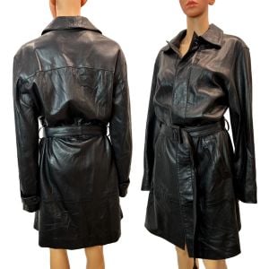 Y2K Black Leather Trench Coat – Butter Soft Belted Mid Length M-L - Fashionconservatory.com