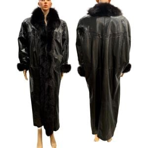 80s Leather & Real Fox Fur Full Length Coat with Genuine Snakeskin Trim 