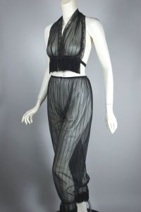 Sheer black nylon fringe halter 1960s pin-up pajama set unworn