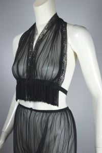 Sheer black nylon fringe halter 1960s pin-up pajama set unworn - Fashionconservatory.com