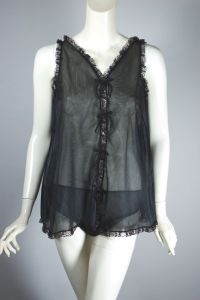Sheer black nylon babydoll nightie 1960s nightgown set - Fashionconservatory.com