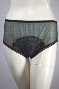 Sheer black nylon panty 1960s lace rosettes trim  size 7 S-M