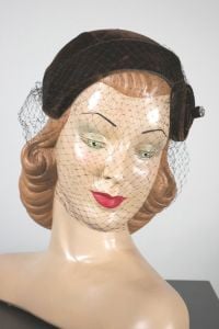 Dark brown velvet spiral 1950s hat with veil rhinestone trim - Fashionconservatory.com