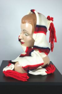 1940s-50s scarf hat pixie elfin style striped wool knit with tassels