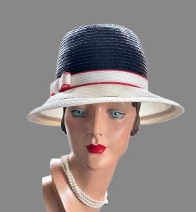 Vintage 70s Red, White and Blue Straw Wide Brim Hat - Fashionconservatory.com