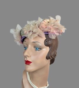 Vintage 50s Lilac Straw Shallow Crown Pillbox Hat with Silk Florals - Fashionconservatory.com