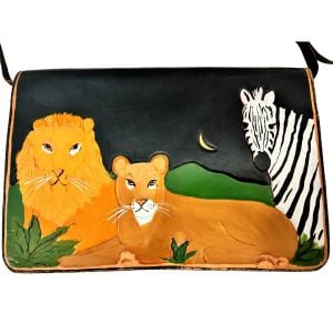 70s 80s Hand-Tooled & Hand-Painted Leather Crossbody Safari Scene