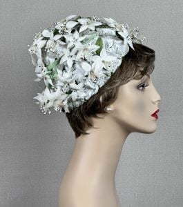 60s White Flowered Beehive Hat by Lisbeth
