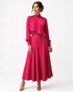80s Italian Vintage Magenta Dark Pink Midi Skirt & Asymmetrical Blouse Set 