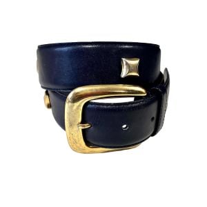 80s 90s Navy Leather Belt with Gold Studs and Buckle | Medium - Fashionconservatory.com