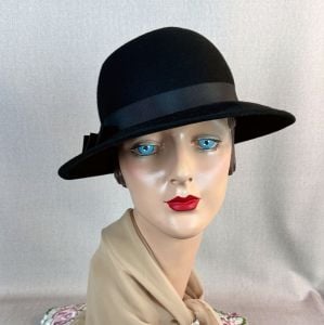 Vintage 80s Black Wool Felt Liz Claiborne Asymmetrical Wide Brim Hat