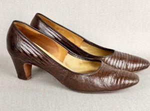 Vintage 1950s Brown Lizard Heels, Cosmopolitan, Vitality Shoes,  Sz 8