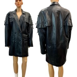 80s Luxe Black Leather Oversized Jacket w Shoulder Detail 