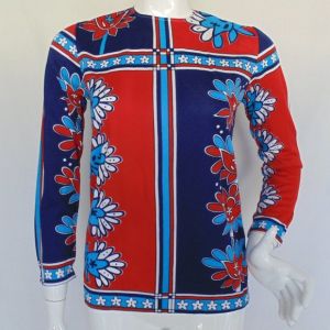 Floral Color Block Tunic, S, Blue/Red, Long sleeves, Neck Zip, 60s