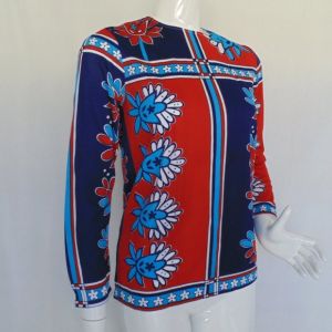 Floral Color Block Tunic, S, Blue/Red, Long sleeves, Neck Zip, 60s - Fashionconservatory.com