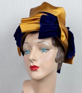 Vintage 60s Gold and Navy Blue Toque by Louises Showcase, NWT - Fashionconservatory.com