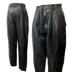80s Black Leather High Waist Pleated Tapered Pants | Waist 29''