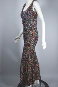 Black floral polyester 70s bellbottom jumpsuit sleeveless flared legs - Fashionconservatory.com