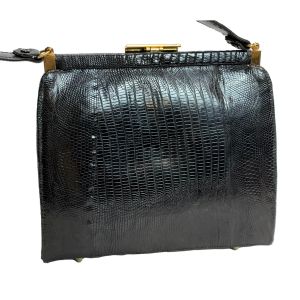 50s 60s Black Lizard Top Handle Frame Bag - Fashionconservatory.com