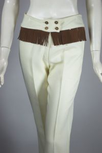 Cropped flared leg 1960s pant faux suede cowgirl fringe trim  - Fashionconservatory.com
