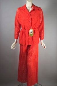 Bright orange lace pantsuit 70s sheer bellbottoms and blouse set