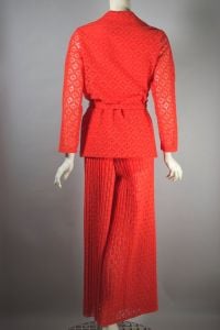 Bright orange lace pantsuit 70s sheer bellbottoms and blouse set - Fashionconservatory.com