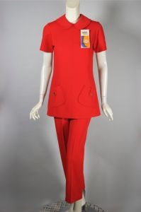 Orange-red ribbed polyester mod 1960s tunic micro-mini plus pant 2pc set XS-S