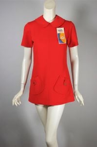 Orange-red ribbed polyester mod 1960s tunic micro-mini plus pant 2pc set XS-S - Fashionconservatory.com