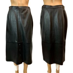 80s 90s Soft Luxe Black Leather MIDI Skirt w Button Detail