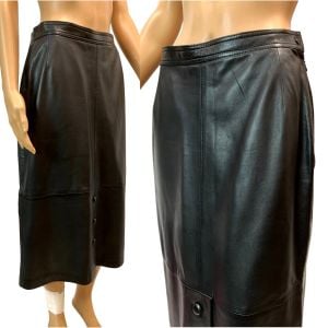 80s 90s Soft Luxe Black Leather MIDI Skirt w Button Detail - Fashionconservatory.com