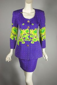 Christian Llinares 90s mini skirt suit purple limes novelty print