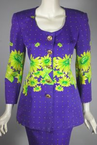 Christian Llinares 90s mini skirt suit purple limes novelty print - Fashionconservatory.com