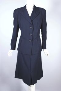 Navy blue pinstripe wool skirt suit 1940s WWII-era