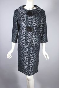 Snow leopard animal print velveteen 1960s skirt suit fur trim