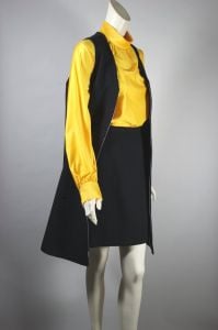1960s mini skirt suit long vest Anne Klein black wool zip front