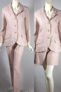Off-white pastel pink plaid linen 1960s pantsuit shorts set