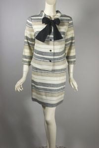 Neutral stripes 1960s mink skirt suit cream tan black bow neckline