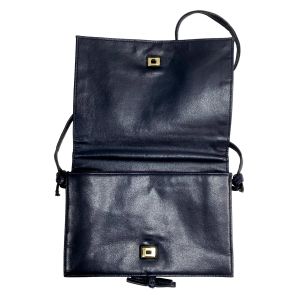 70s Mod Dark Blue Leather Shoulder Bag w Flap and Bow  - Fashionconservatory.com