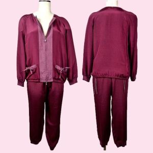 90s Y2K St John Track Suit | Silk Jacket & Pants | Burgundy Maroon Leisure Wear | Fits SMALL