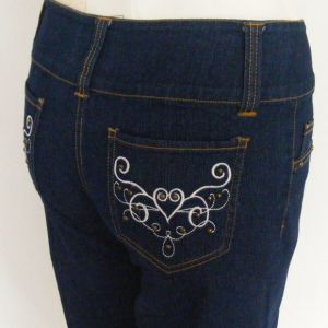 new Hip hugger Capri Jeans/Shorts, Knee length, Studded/Embroidered, dark wash - Fashionconservatory.com