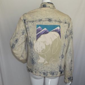 VINTAGE Acid Wash Denim Jacket, L, Polar Club/Bear, Blue, Buttons, Cotton Jean - Fashionconservatory.com
