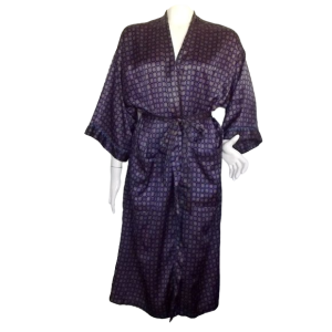 Satin Robe, OS, Black/Purple Paisley/Geo Print, Midi Length Sleeves, Pockets