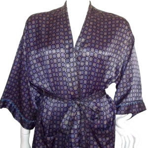 Satin Robe, OS, Black/Purple Paisley/Geo Print, Midi Length Sleeves, Pockets - Fashionconservatory.com