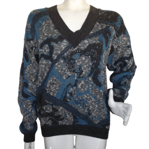 Abstract Pattern Sweater, M, Acrylic-Wool, V neck, Long sleeves Black, grey, blue