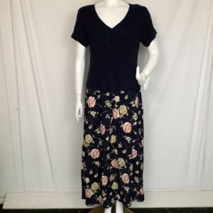 Floral Maxi Dress, L, Ribbed Top, Satin Skirt, Short sleeve, V-neck